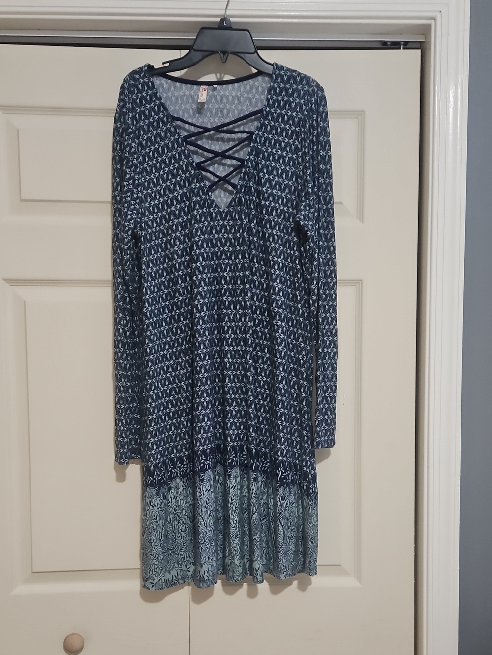 Red Camel Navy Blue Patterned Long Sleeve Lace-Up Dress
